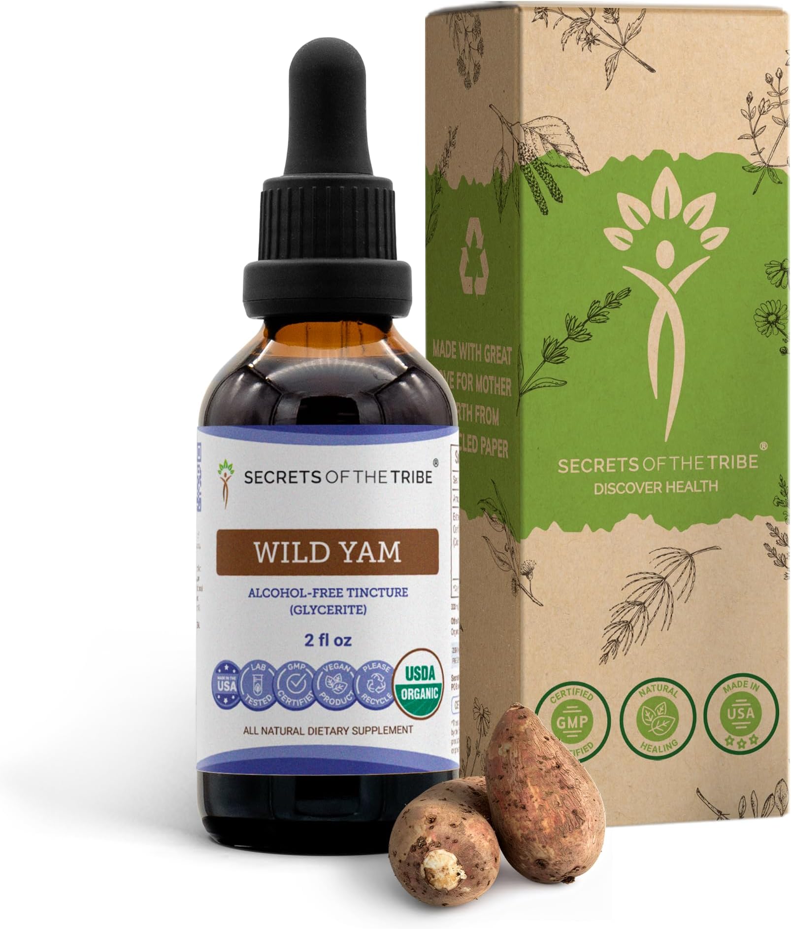 Wild Yam Alcohol-Free USDA Organic Tincture (Glycerite) 695 mg Responsibly farmed Wild Yam (Dioscorea Villosa) Dried Root (2 Fl Oz) Hormone Support Supplement