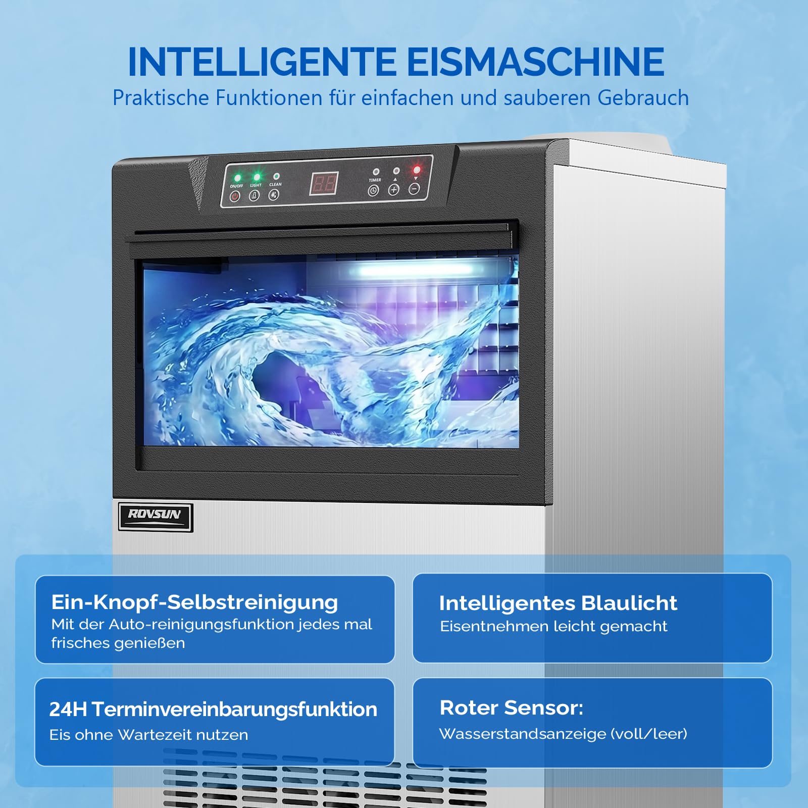 ROVSUN Gewerbliche Eiswürfelmaschine 50 kg/24H Kommerzielle Eismaschine mit Kompressor 50 Stück/14 Min. 23 kg Eislagerkapazität, Eiswürfelbereiter 24H-Timer, LCD-Anzeige, Selbstreinigung