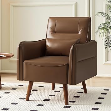 Bonzy Home Mid-Century Modern Faux Leather Accent Chair for Living Room,Upholstered Armchair with Pillow and Solid Wood Legs, Comfortable Lounge Chair for Bedroom or Office,Dark Brown