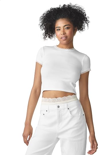 Florence by Mills Womens Crop Ribbed Tee with Lace Trim