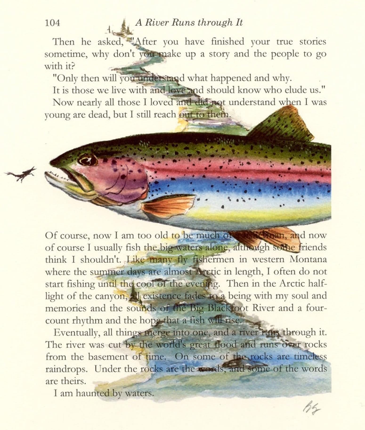 A River Runs through It Last Page, Norman Maclean 8"X10" Rainbow Trout Watercolor Art Print English Literature Student or teacher gift by Barry Singer