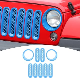 for Jeep JK Front Grille Inserts & Headlight Cover Trim Ring for Jeep Wrangler JK JKU 2007-2017 Light Blue Exterior Accessories 9pcs