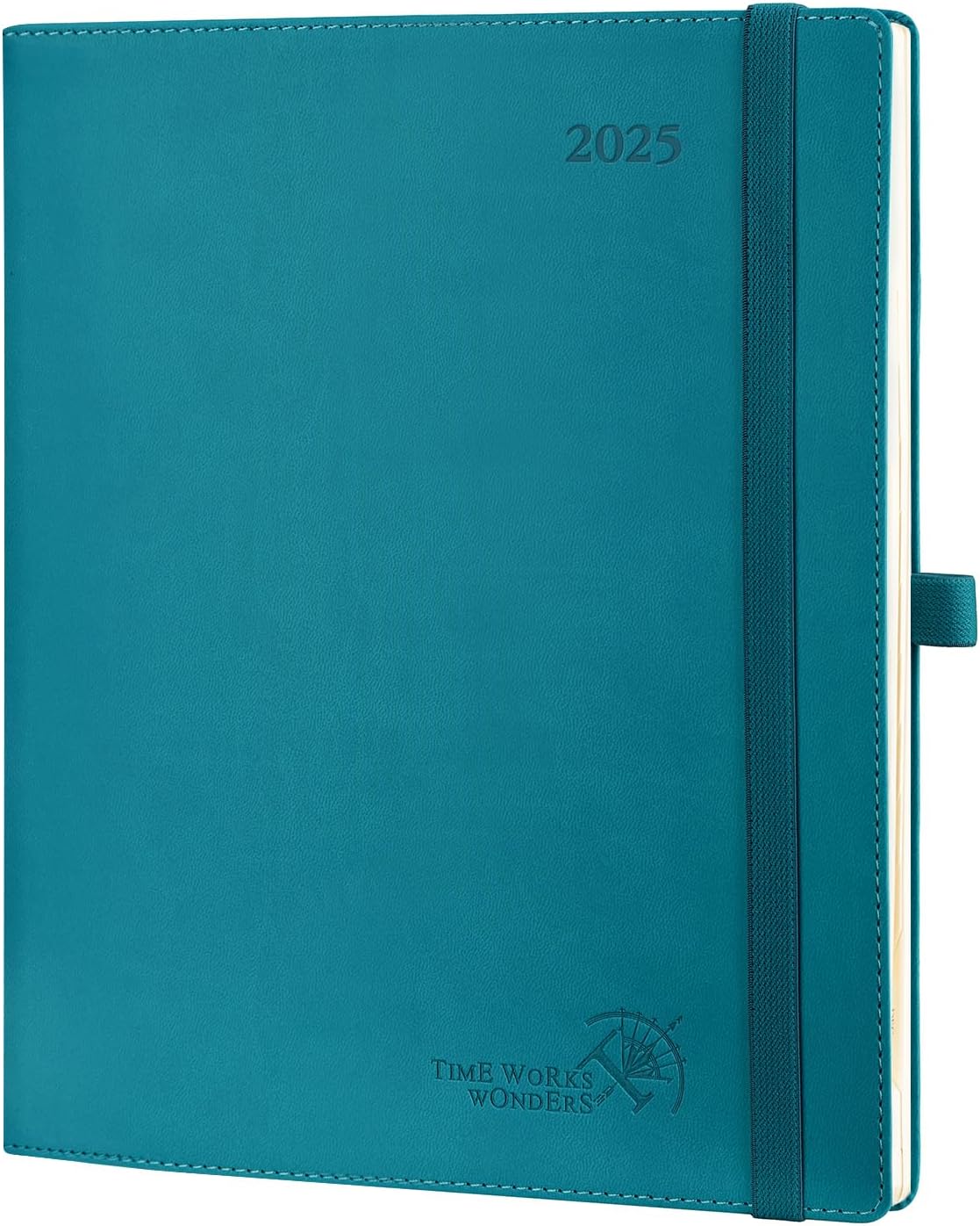 POPRUN 2025 Diary Week to View Large (26.5x21.5 cm) PU Leather Soft Cover Vertical Weekly Appointment Diary 25 Planner, Monthly Tabs, 100GSM Paper (Pacific Green)
