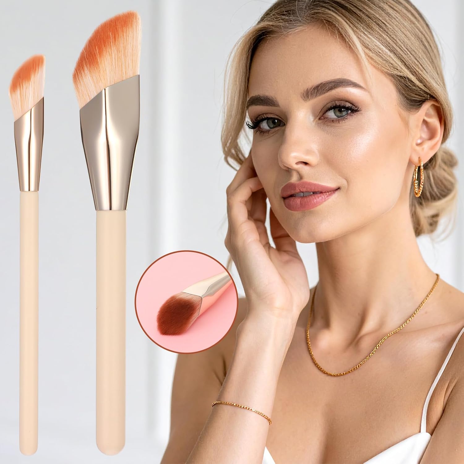 2Pcs Angled Concealer Foundation Brush, Under Eye Contour Bronzer Makeup Brush Sets for Liquid Cream Powder, Small Precision Face Blending Brushes for Women
