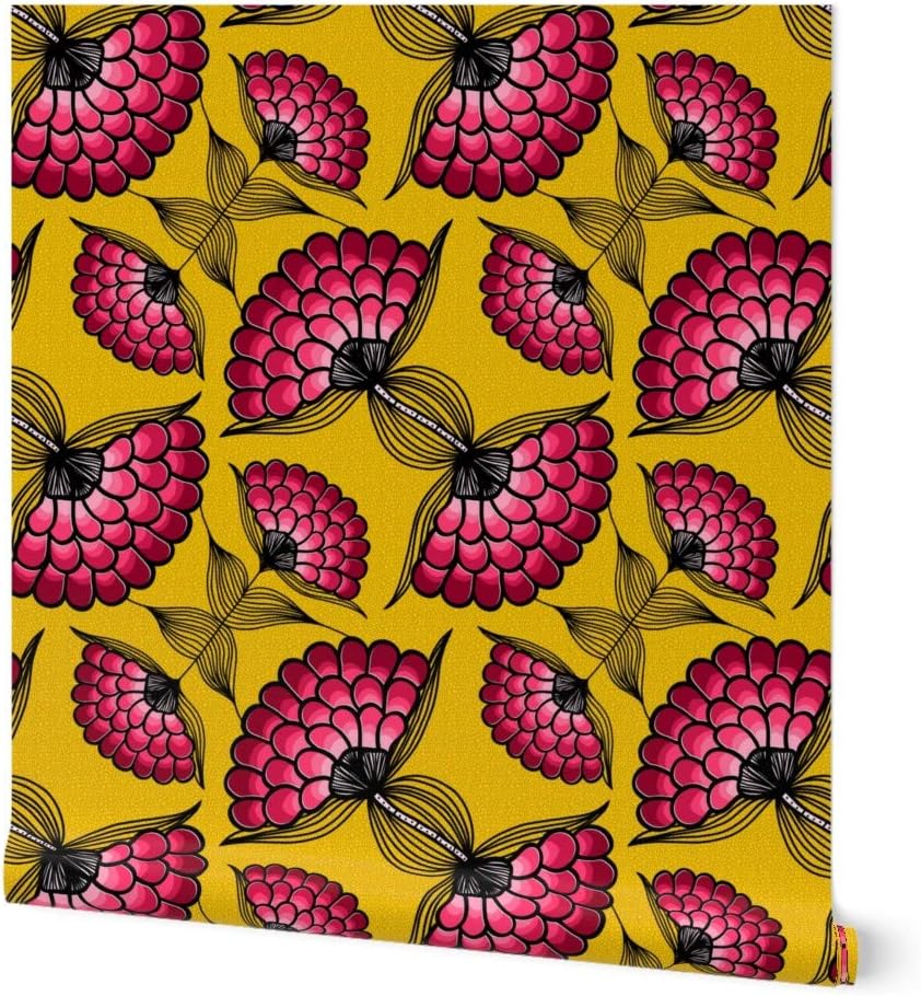 Removable Wallpaper 6ft x 2ft - African Art Cloth Pink Yellow Floral Pattern Bold Colorful Custom Pre-Pasted Wallpaper by Spoonflower