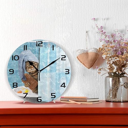 Miniatura 2 de Qilmy Reloj de pared de gato de baño, silencioso, sin tictac, pintura al óleo, reloj redondo para sala de estar, dormitorio, baño, decoración del