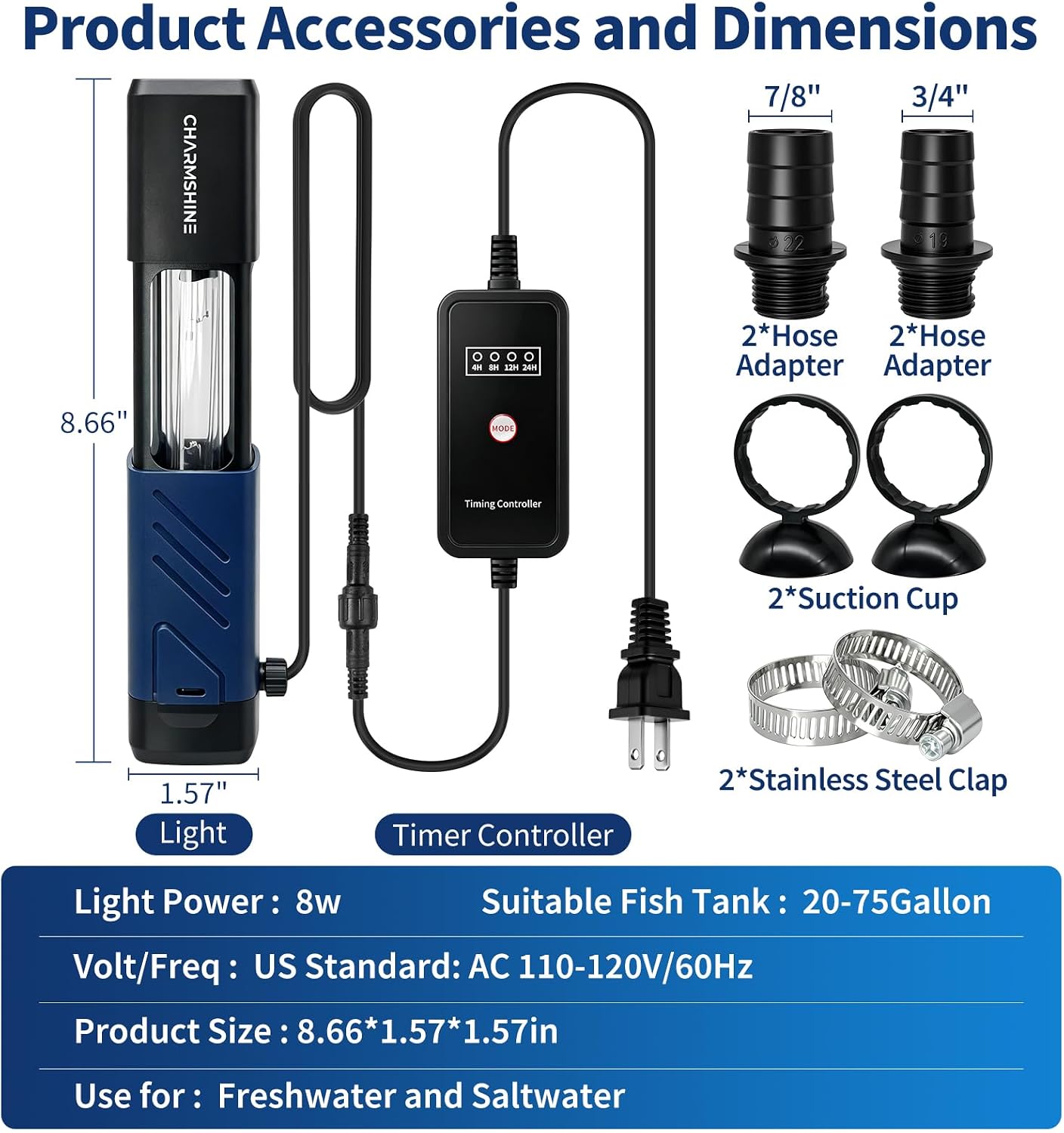 8W Aquarium U-V Light,Al-gae Control Light with 4/8/12/24H Timer | Submersible Green Water Clean Lamp with Protective Shield for 20-75 Gallon Freshwater and Saltwater Tanks