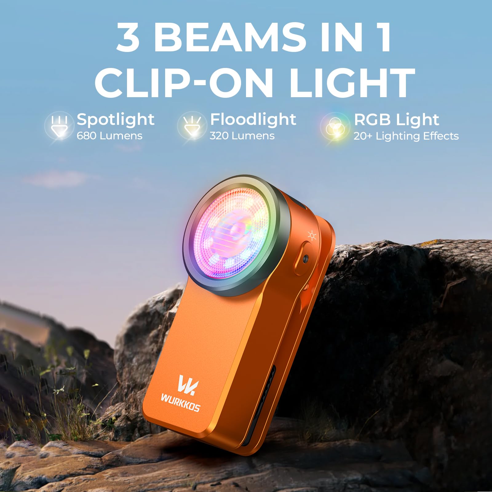 Wurkkos HD03 Mini Torcia Compatta a Clip, 680 Lumen Torcia Led Ricaricabile, 3 Modalità di illuminazione spot, flood e RGB,IPX6 Impermeabile per Campeggio Escursionismo e Alpinismo - Orange