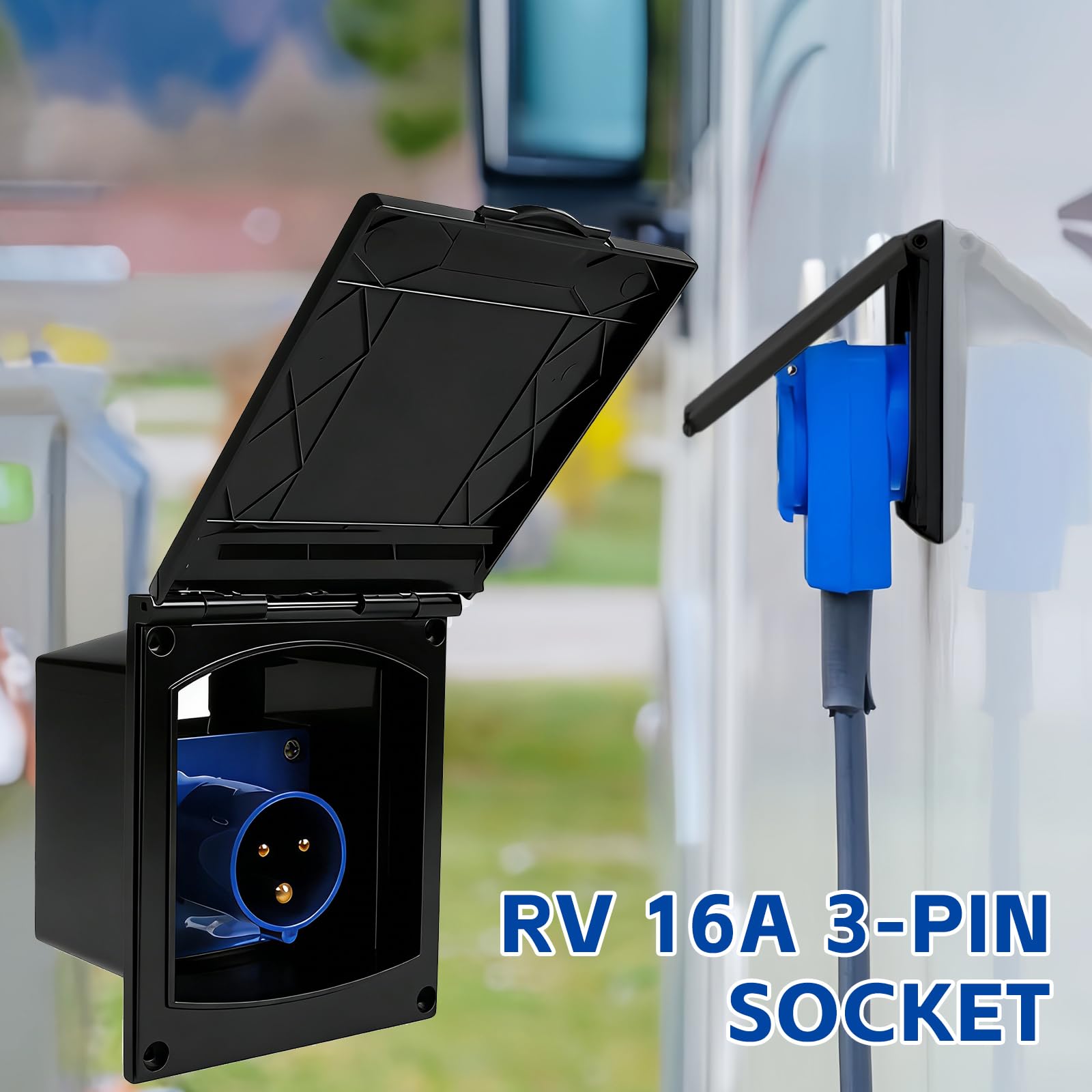 BORDEAG Presa CEE, presa di alimentazione da campeggio, 16 A, IP44, 220 V-240 V, con coperchio ribaltabile, spina di collegamento, roulotte, presa esterna per camper, roulotte, rimorchi