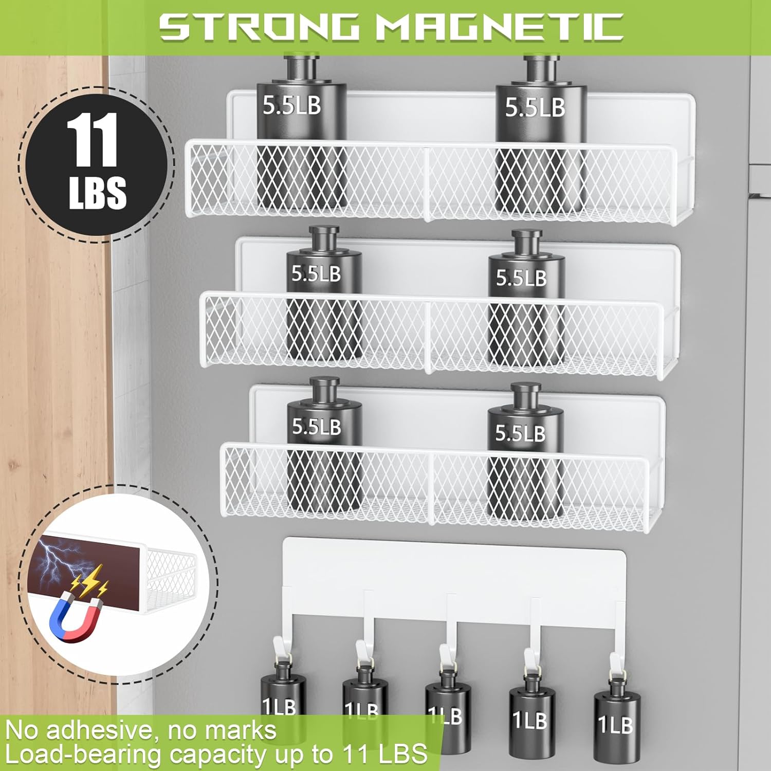 4 Pack Magnetic Shelves for Washing Machine, Heavy-Duty Magnetic Laundry Organizer with Hooks, Washing Machine Shelf for Refrigerator, Metal Storage Baskets, Closet & Laundry Room Organization(White)