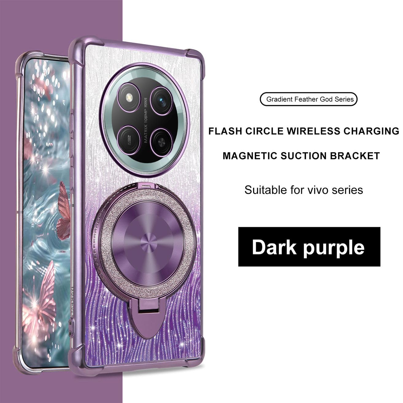 Custodia Per Honor Magic 7 Lite Con Glitter E Anello - TPU Trasparente Antishock Con Cover Rimovibile (Viola) - 3