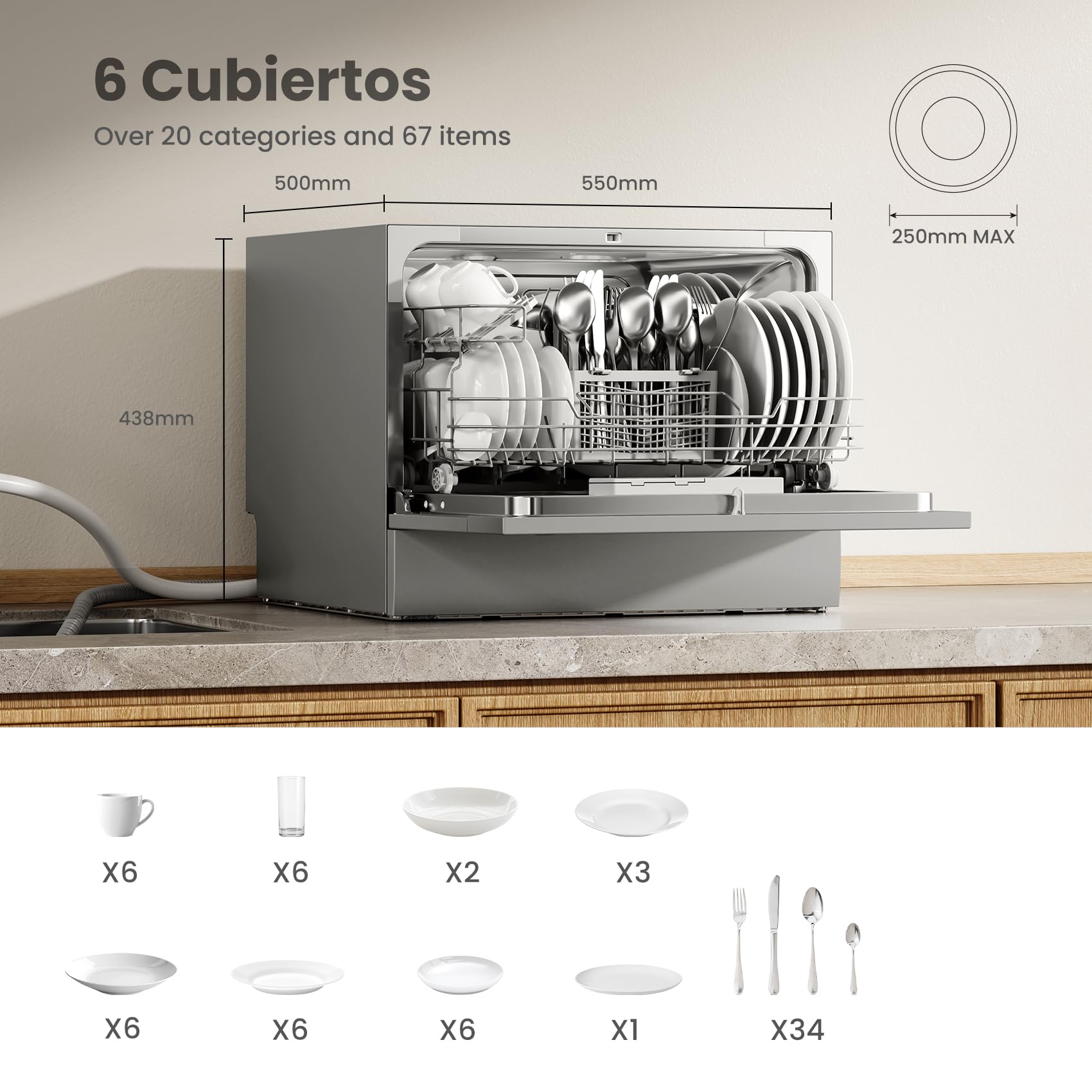 COMFEE' CDWMT0602ESD-EU Lavavajillas Compacto, 6 Cubiertos,6 Programas | Ciclo Intensivo 70°C, Inicio Diferido 24H, Apertura Automática, 47dB Silencioso, Clase D, Pantalla LED, Plateado