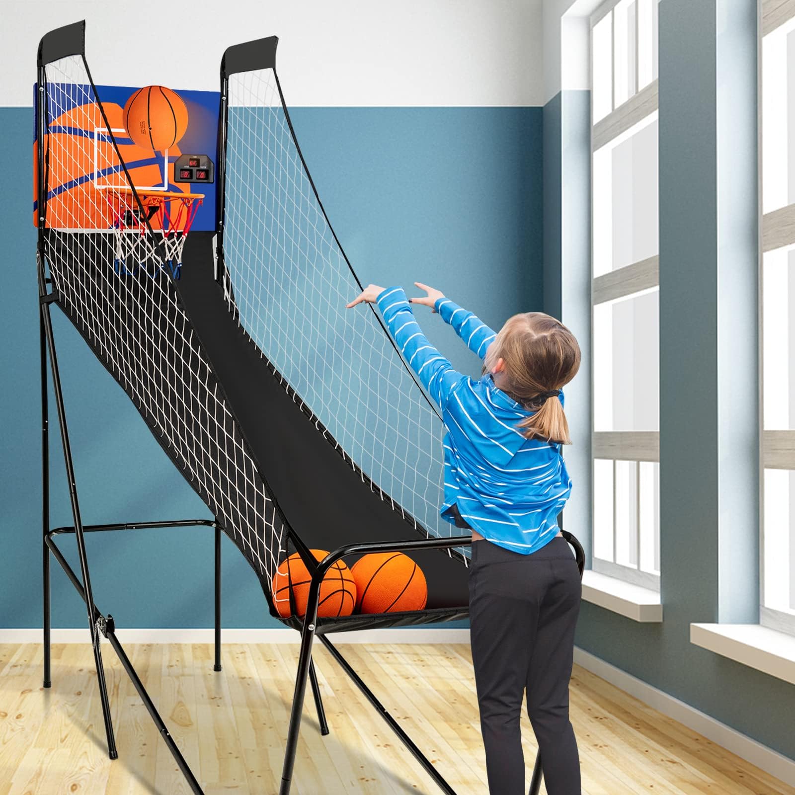 COSTWAY Basketballautomat klappbar, elektrischer Basketballständer mit 3 Basketbälle & Pumpe, Punktezähler, Arcade-Basketballspiel Schießmaschine für Indoor & Outdoor