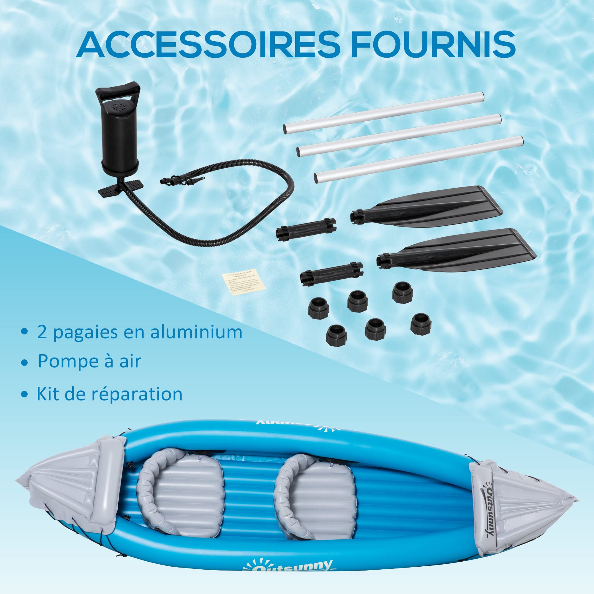 Outsunny Kayak Gonflable pour 2 Personnes avec Pompe à air, rames en Aluminium, Bleu