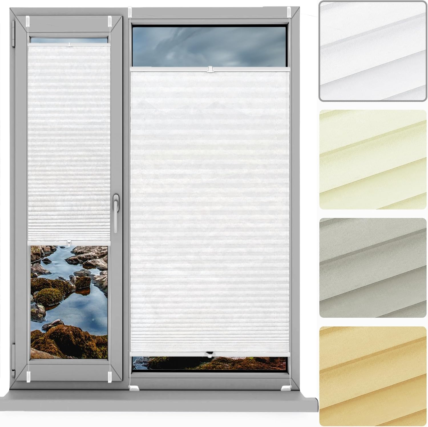 Store plissé blanc 100x195 cm avec fixation sans perçage pour fenêtres