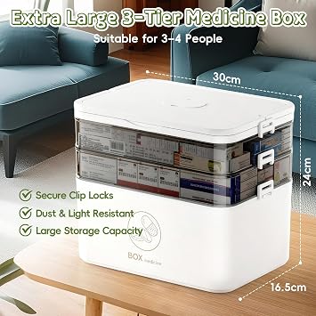 3-Tier Medicine Storage Box with Handle,Large Capacity First Aid Organizer, Portable Medicine Cabinet with Transparent Compartments & Pill Organizer, Family Medical Storage Case for Home Office Travel