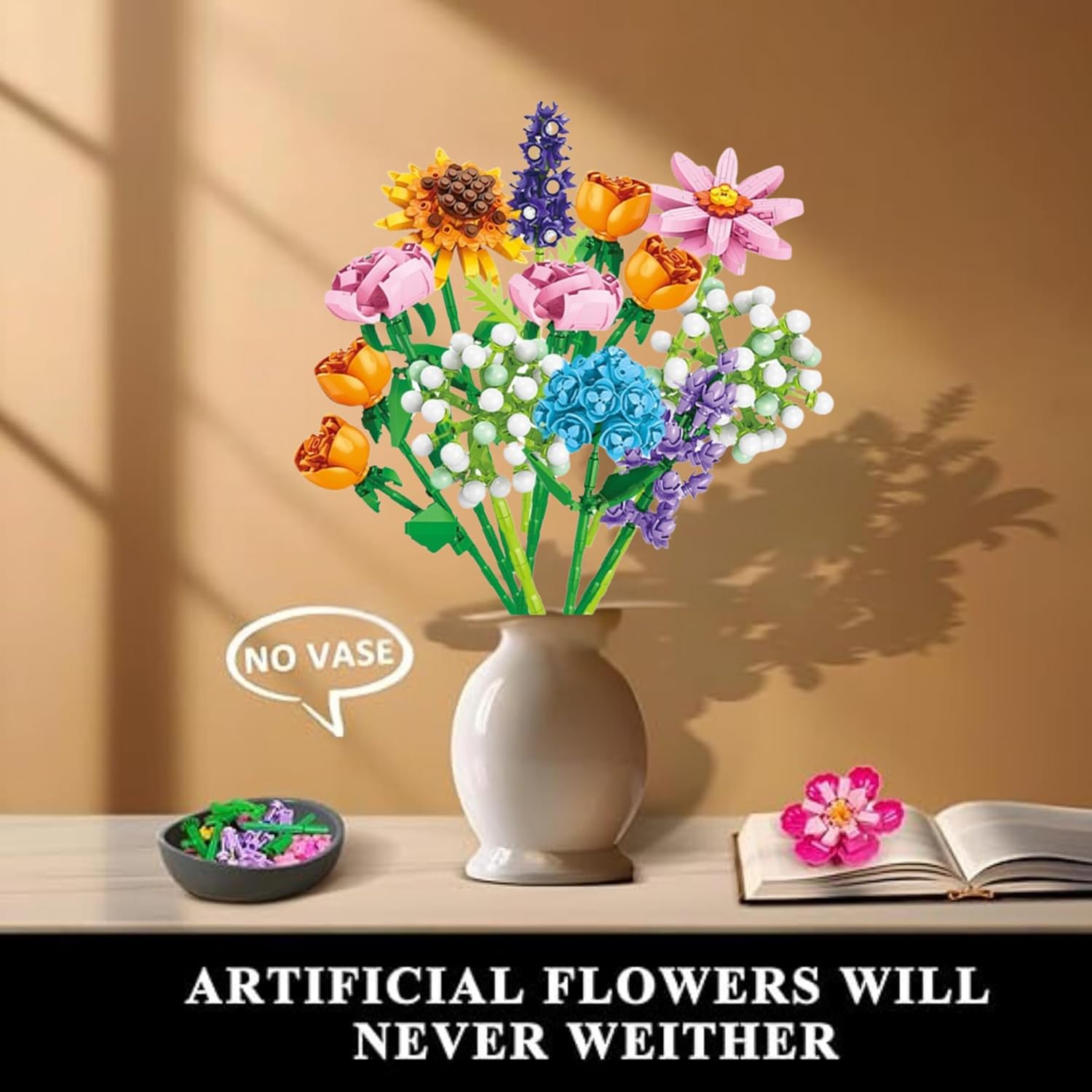 An assembled flower bouquet placed in a white vase on a wooden table, with a speech bubble indicating 'NO VASE' to clarify that the vase is not included.