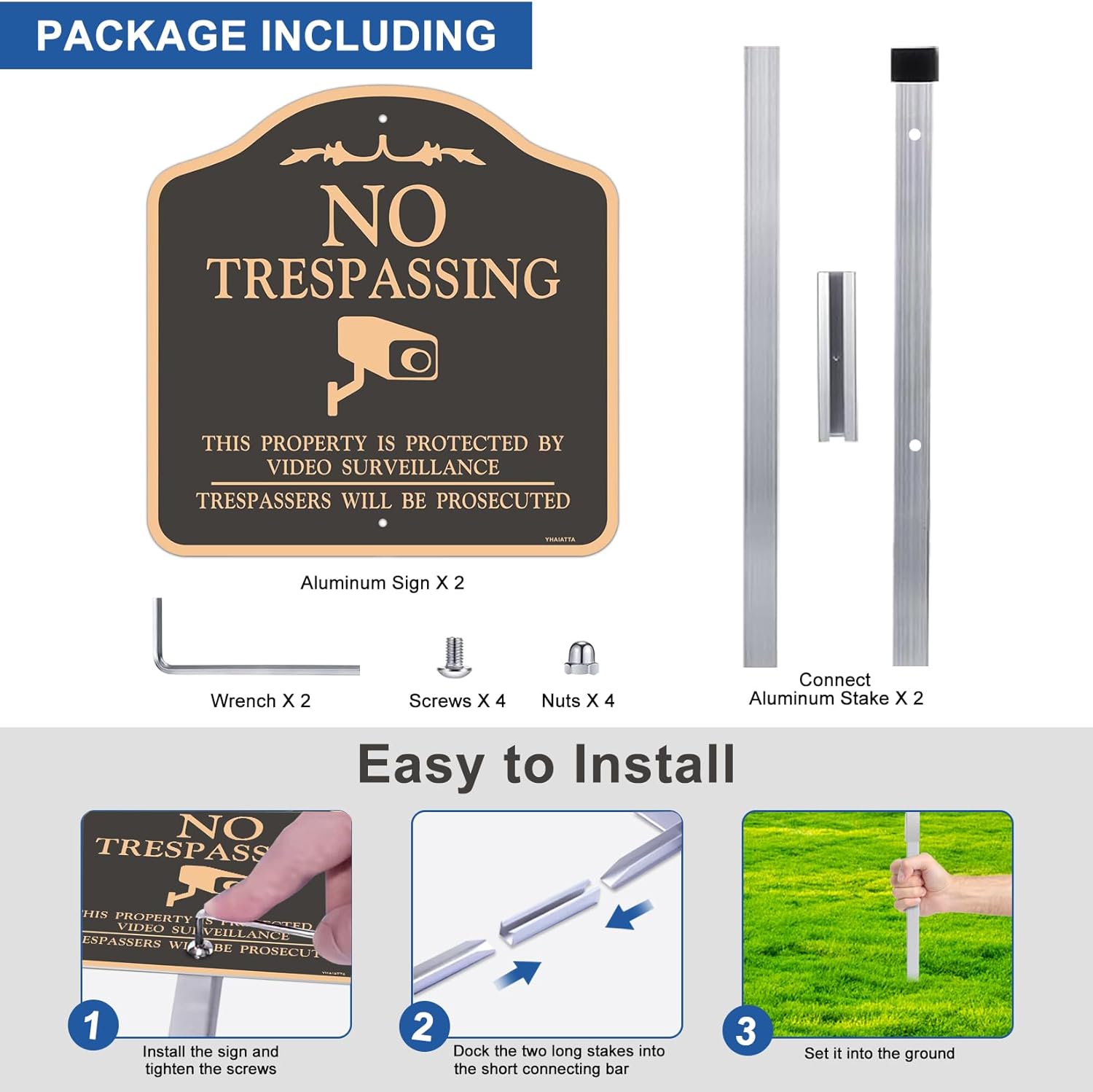 Lサイズ (2パック) 不法侵入標識 ビデオ監視サイン 屋外 金属 アルミニウム 取り付けが簡単な金属製ヤード杭付き 12x12イン