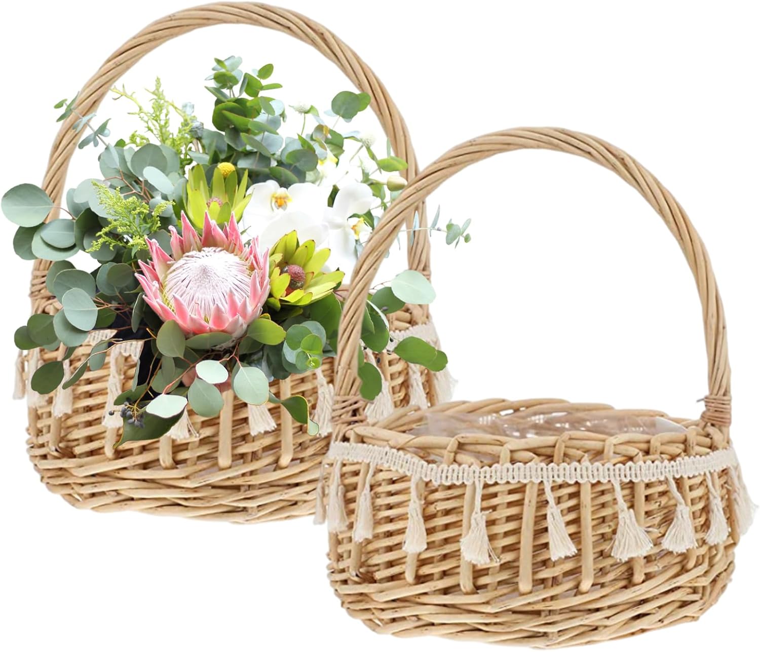 Flower Girl Basket Wicker Basket With Tassels for Wedding Woven Flower with Handle Easter Woven for Garden Decor 2 Pcs Girl, Wicker, Wedding B