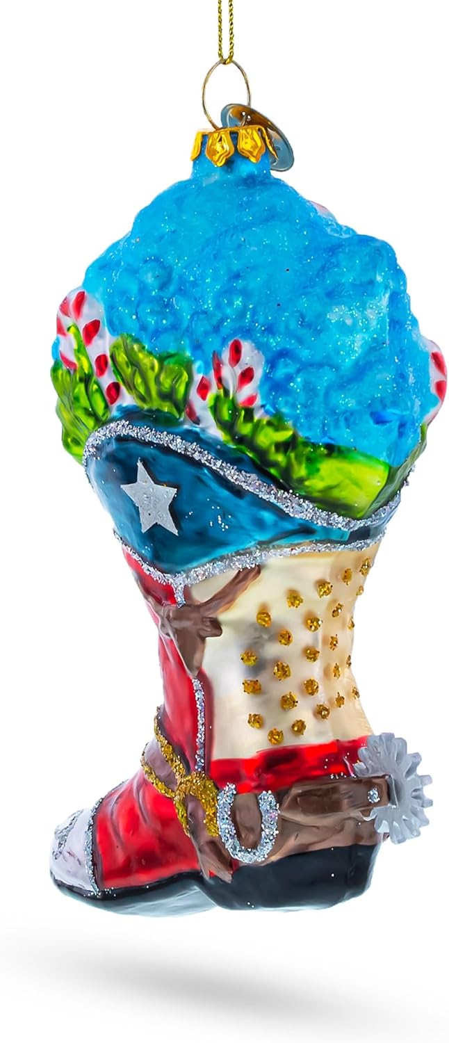 Cowboy Boot with Candy Canes Blown Glass Christmas Ornament - Image 3
