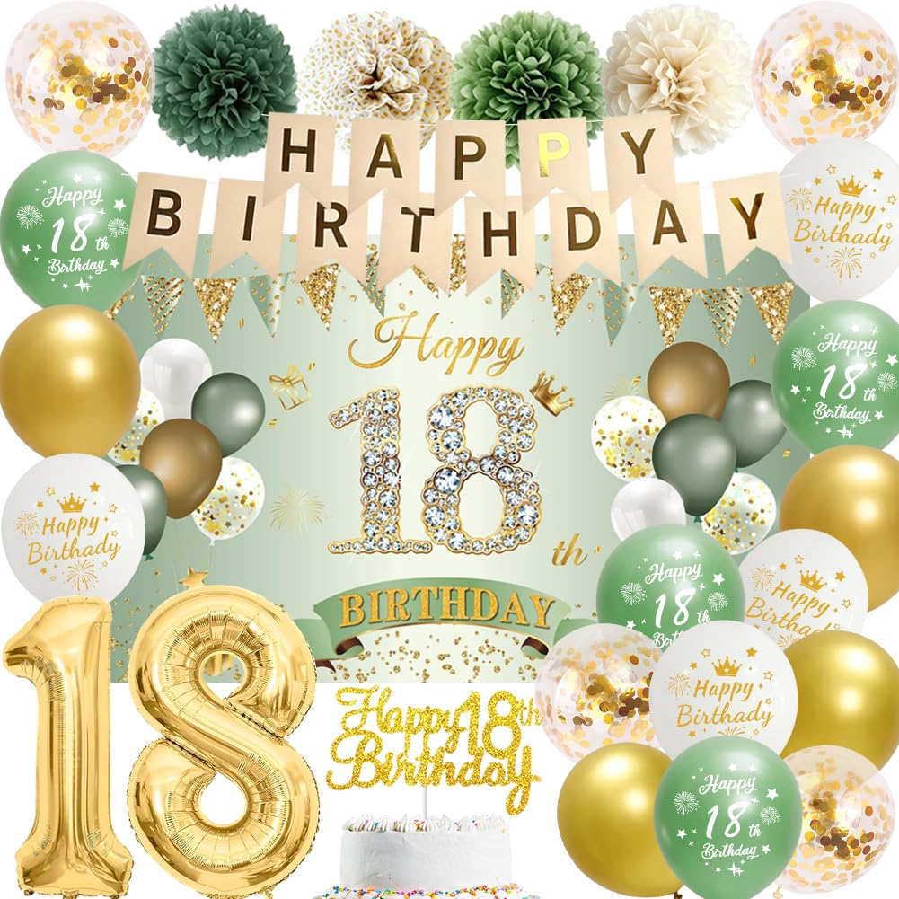18th Birthday Decorations Girls Boys - Sage Green Gold Happy 18th Birthday Banner Bunting Cake Topper Number Balloons Pom Pom Flowers Latex Balloons Decor For Her Him 18 Year Old Party Supplies
