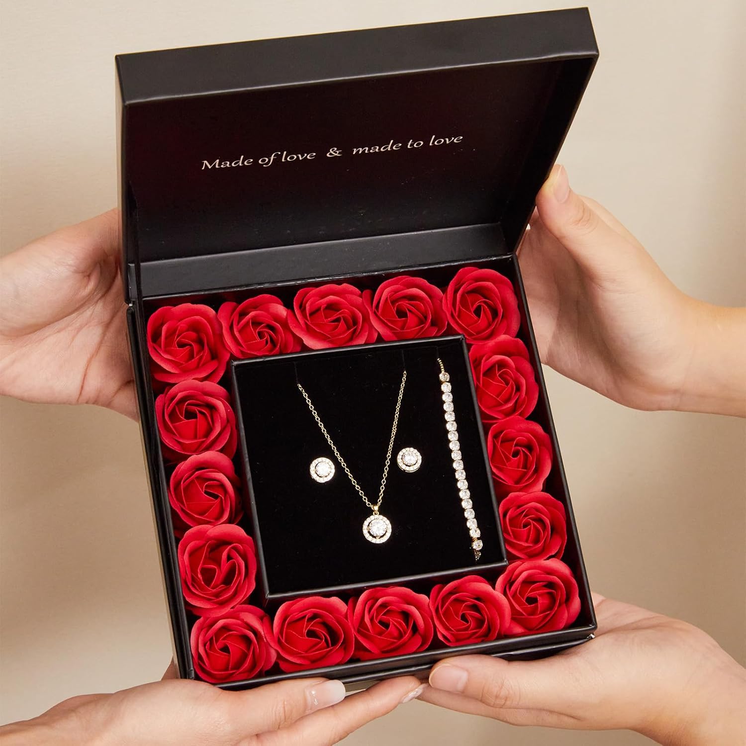 WDS WONDROUS Preserved Rose Jewelry Set for Women, 4-Piece Red Rose Gift Box with Necklace Earrings Bracelet, Valentines Day Anniversary Birthday Gift for Her Wife Girlfriend Mom