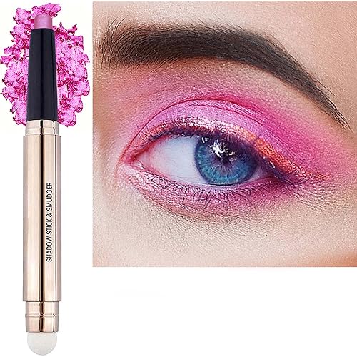 2 in 1 Pink Eyeshadow Stick, Cream Smooth Shimmer Hot Pink Eyeshadow Pencil, Hypoallergenic Waterproof Long Lasting Multi-Dimensional Eye Shadow Highlighter Stick Makeup Eyeliner Pen