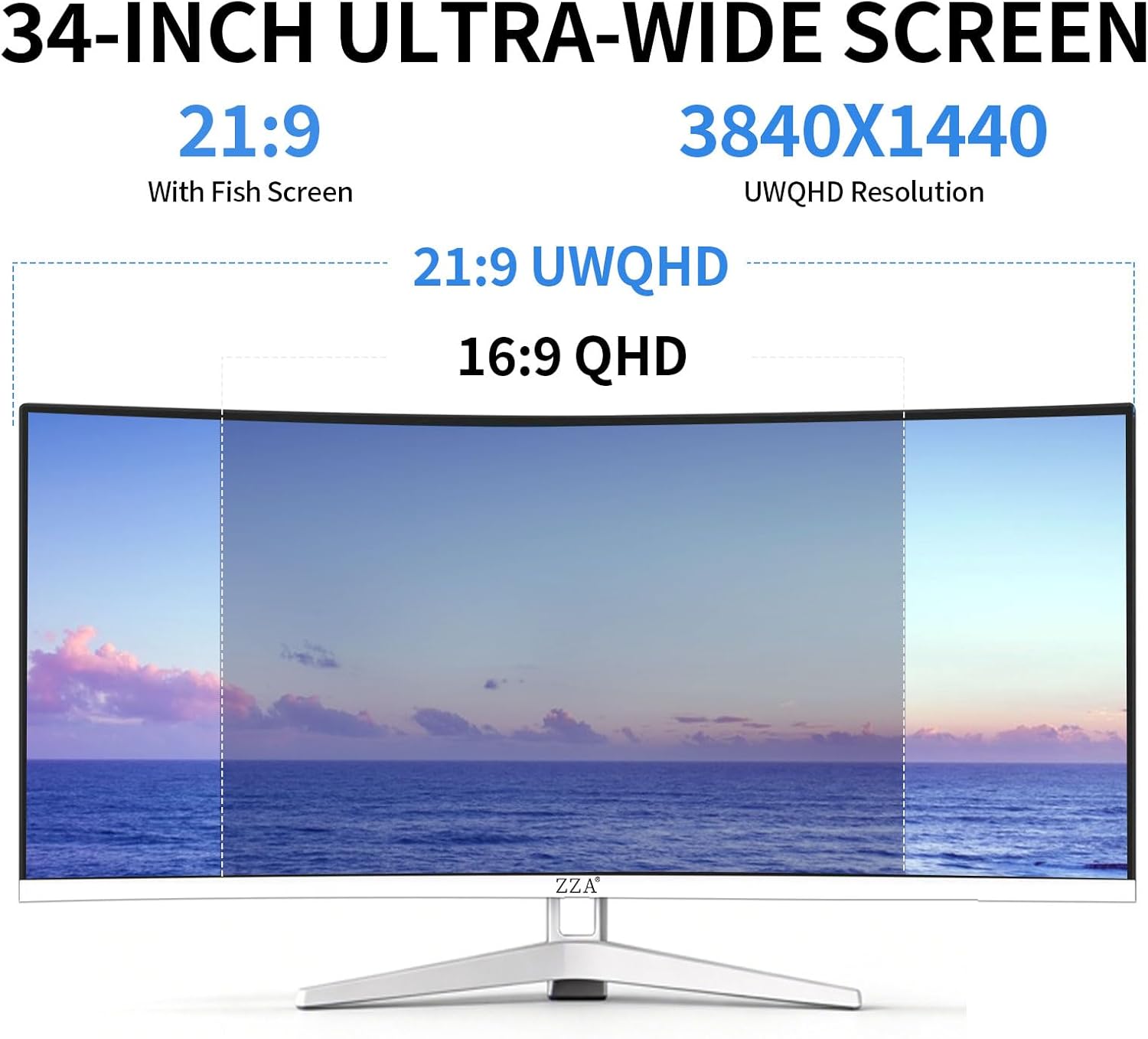ZZA 34 Inch Ultrawide Curved Monitor Built in Speakers 4K Gaming Computer Monitor 100Hz, WQHD(3440x1440P) Curved 3800R 21:9 Ultra Wide PC Display, 130% sRGB, HDMI &DP, VESA Mount Compatible-White image 2