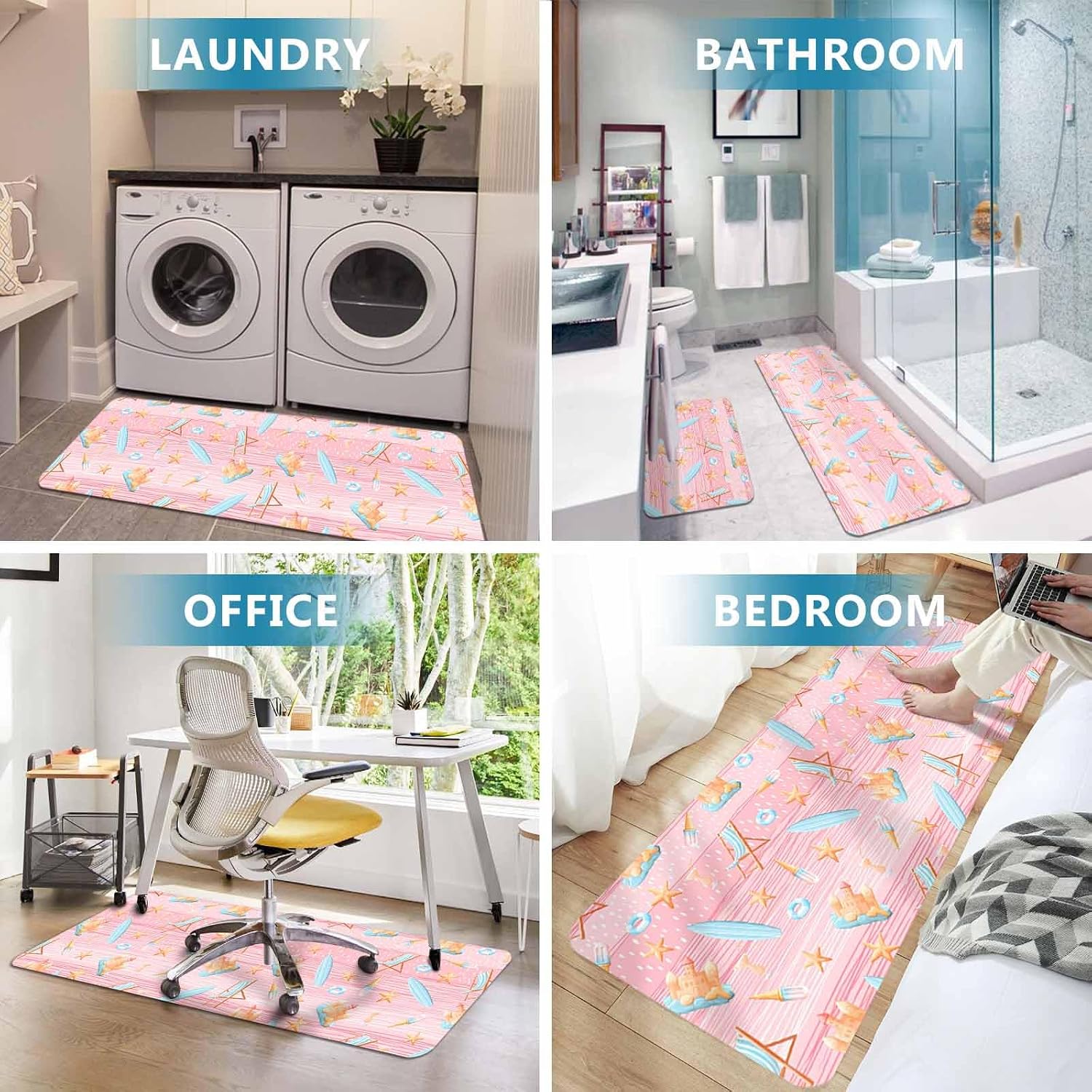 Prime Leader Summer Pink Beach Kitchen Mat Set 2 Pieces Dreamy Ocean Blue Surfboards Beach Chair Starfish Non Slip Kitchen Rugs Washable Runner Rug Mats for Sink Laundry (19.7" x 31.5"+19.7" x 47.2")