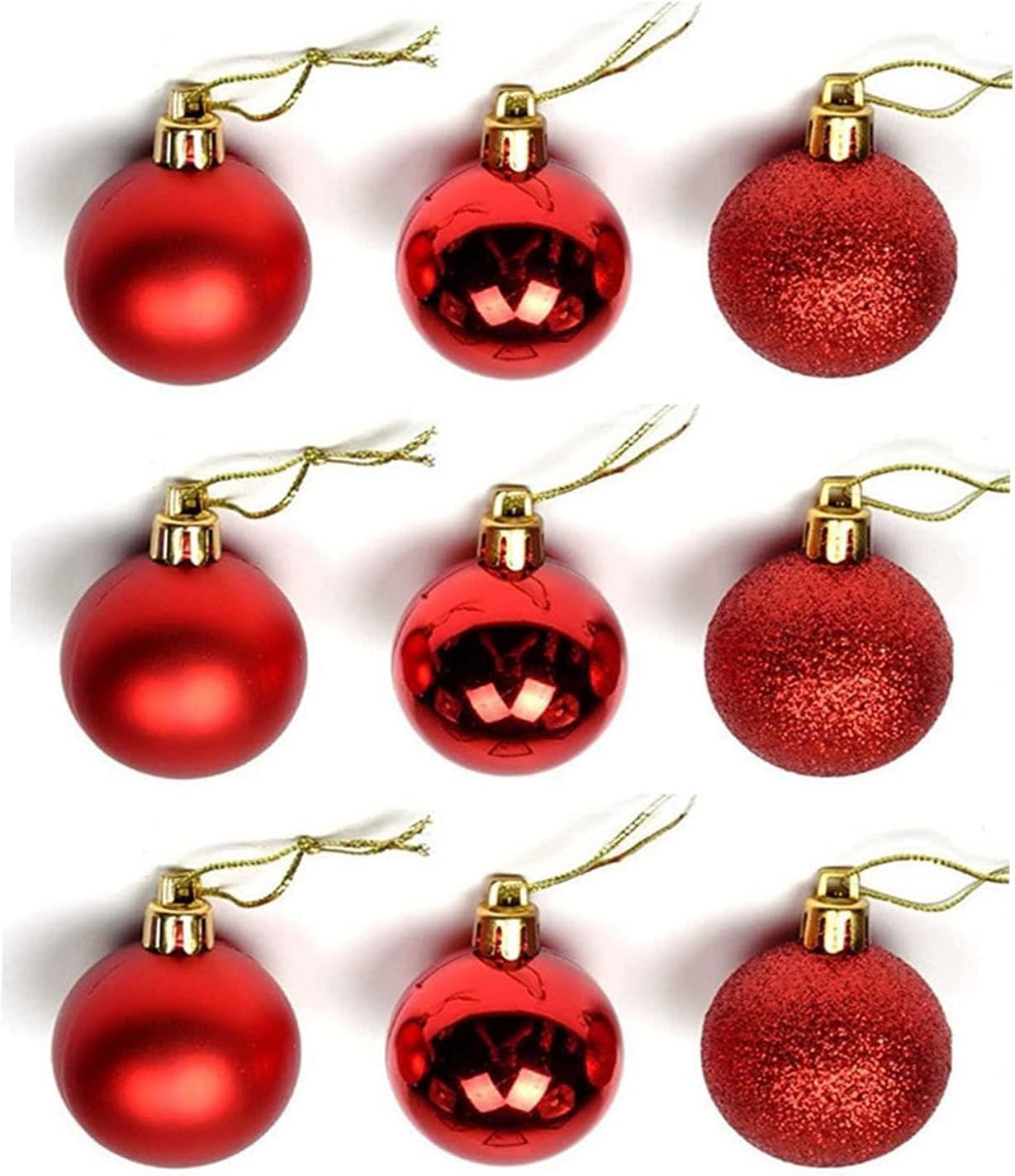 Conjunto de 24 bolas de enfeite de Natal - 12 brilhantes, 6 foscas e 6 decorações de plástico à prova de estilhaçamento com glitter para árvore de Natal (vermelha) - acessórios decorativos festivos de