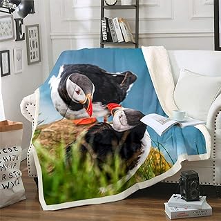 Erosebridal Atlantic Puffin Sherpa Blanket Common Puffin Fleece Blanket Iceland Seabird Blanket Throw for Kids Boys Girls Double Puffins Fuzzy Blanket Queen 90