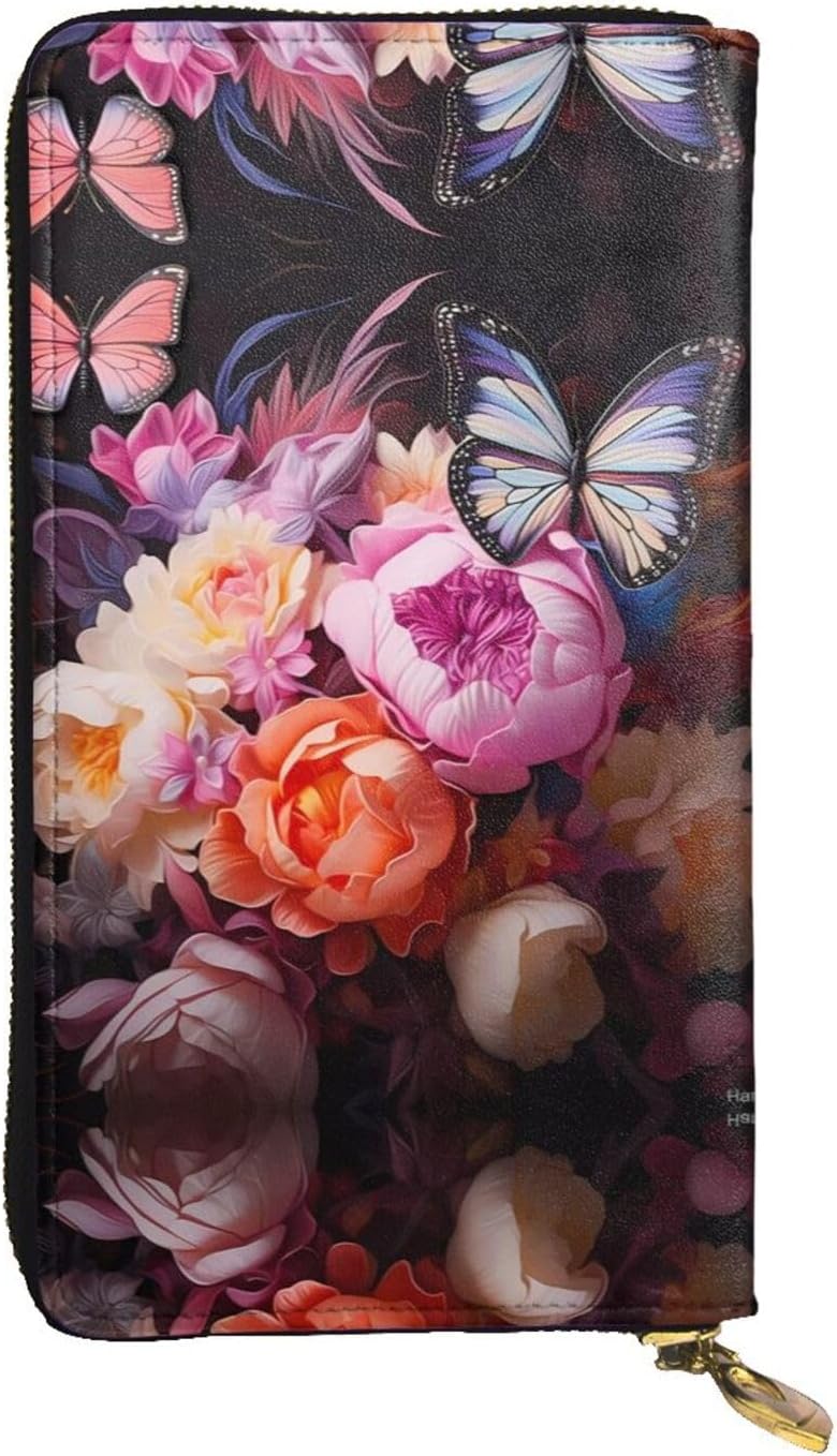 (7.5 * 4.1 inches) Long Clutch Bag, Butterflies and Fresh Bush Zipper Leather Wallet with Multiple Compartments Large Capacity, a Good Gift for Friends