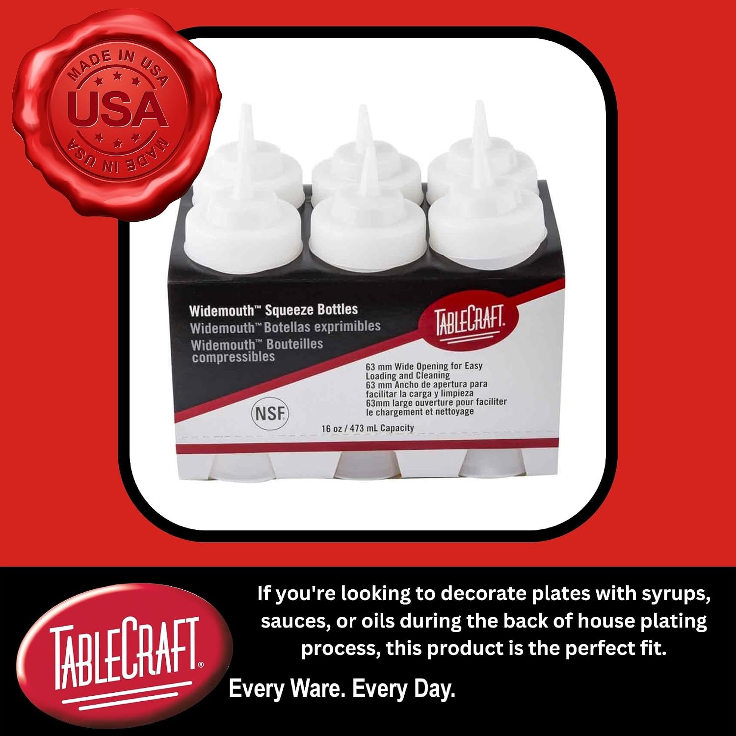 TableCraft C11663C Widemouth Squeeze Bottles, 16 Ounces, White, Polyethylene, Pack of 6, Large 63mm Opening for Easy Filling, Standard Cone Tip, Dishwasher Safe, NSF Approved, Made in USA