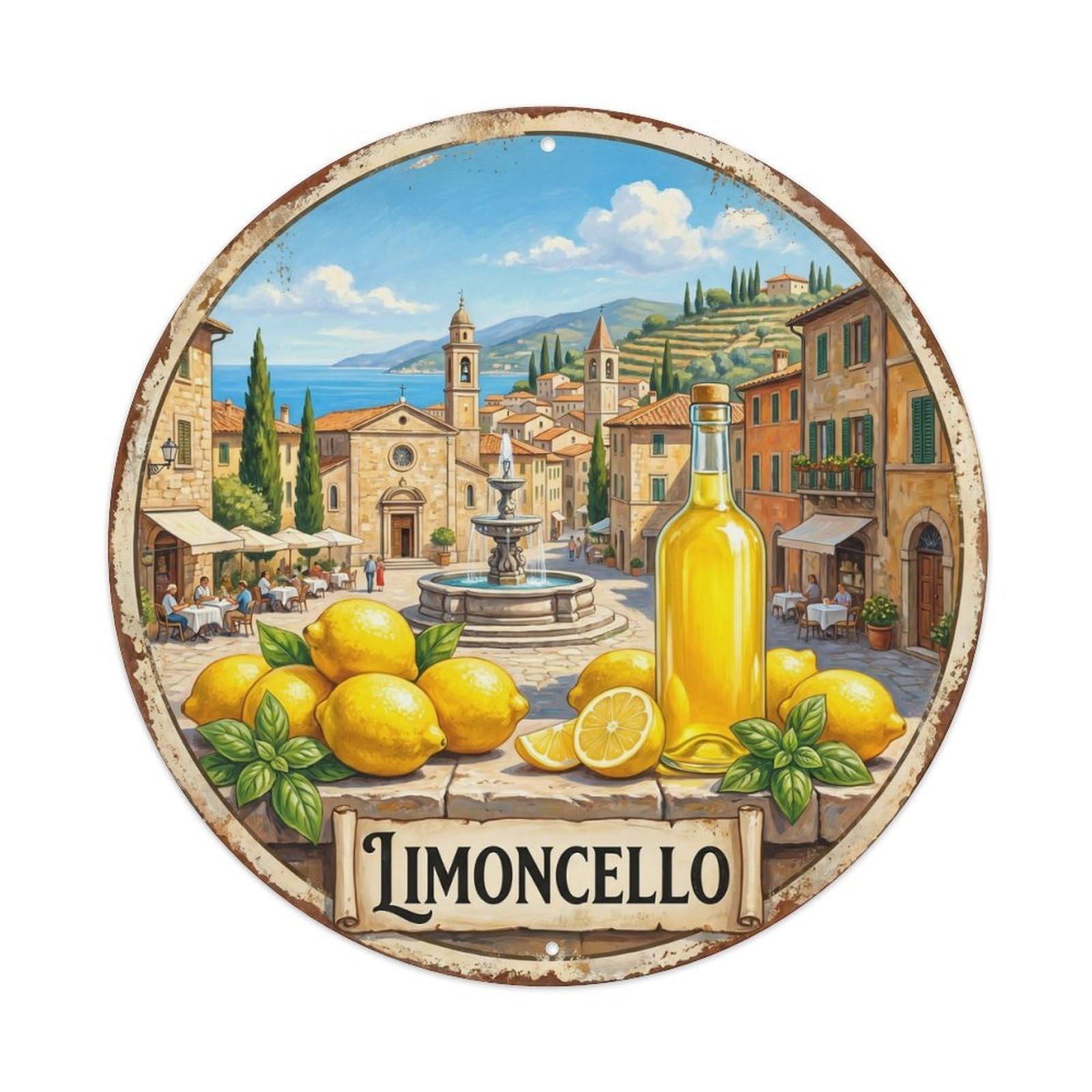 Fqcyn Style Sunshine Italian Limoncello（1） Metal Tin Sign Plaque Wall Decor For Cafe, Club Bar, Office, Home Garden Round Metal Poster 8X8inch