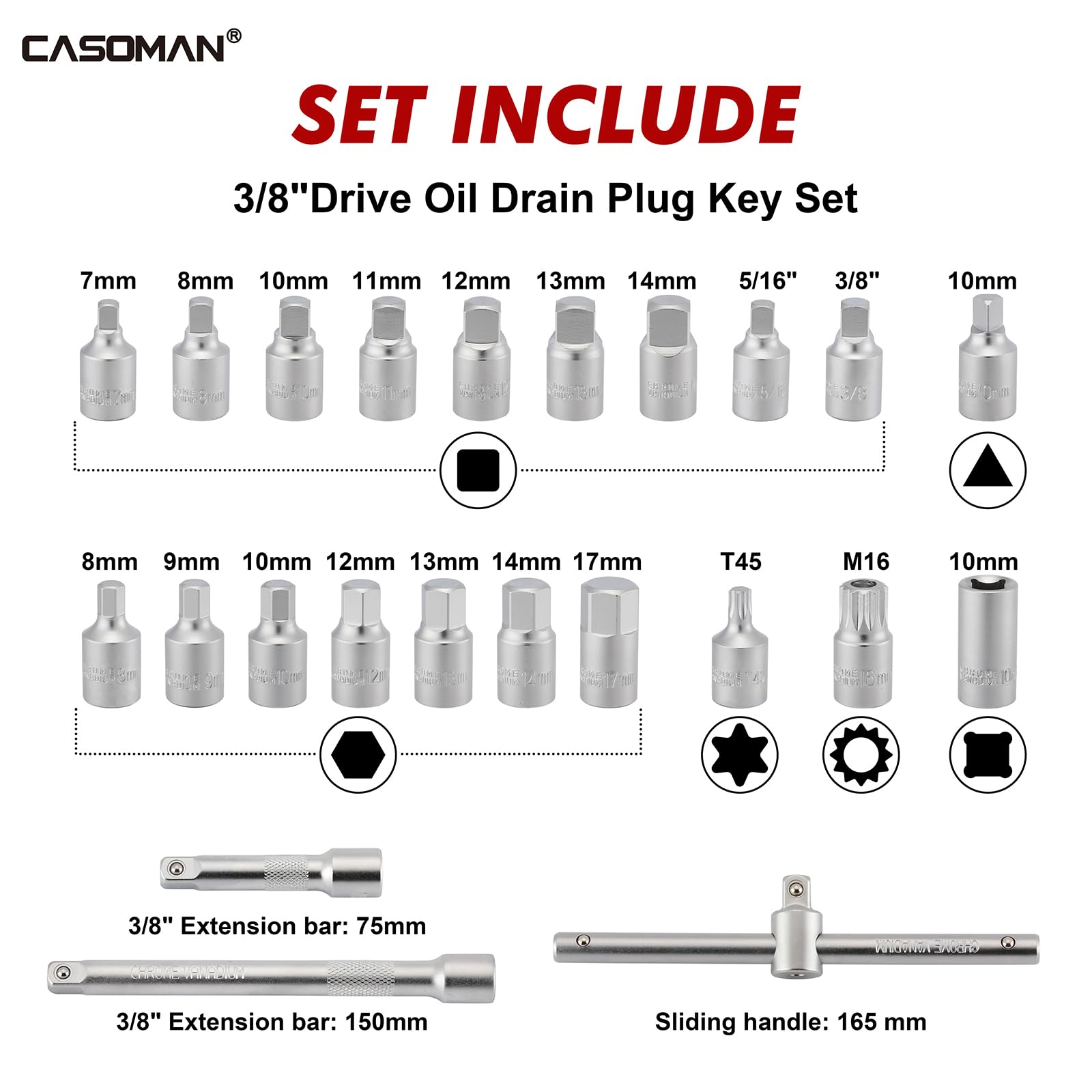 CASOMAN 23PCS 3/8" Drive Oil Drain Plug Key Socket Set, Oil Drain Sump Plug Key Socket Set including Extension Bar - Image 2