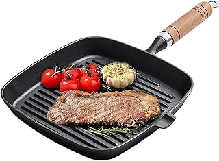 8.6 Inch Cast Iron Grill Pan for Stove Top, Unseasoned Square Skillet Griddle Pan with Pour Spout, Ideal Flat Steak Grilling Pan, Durable Indoor & Outdoor Use, PFOA Free