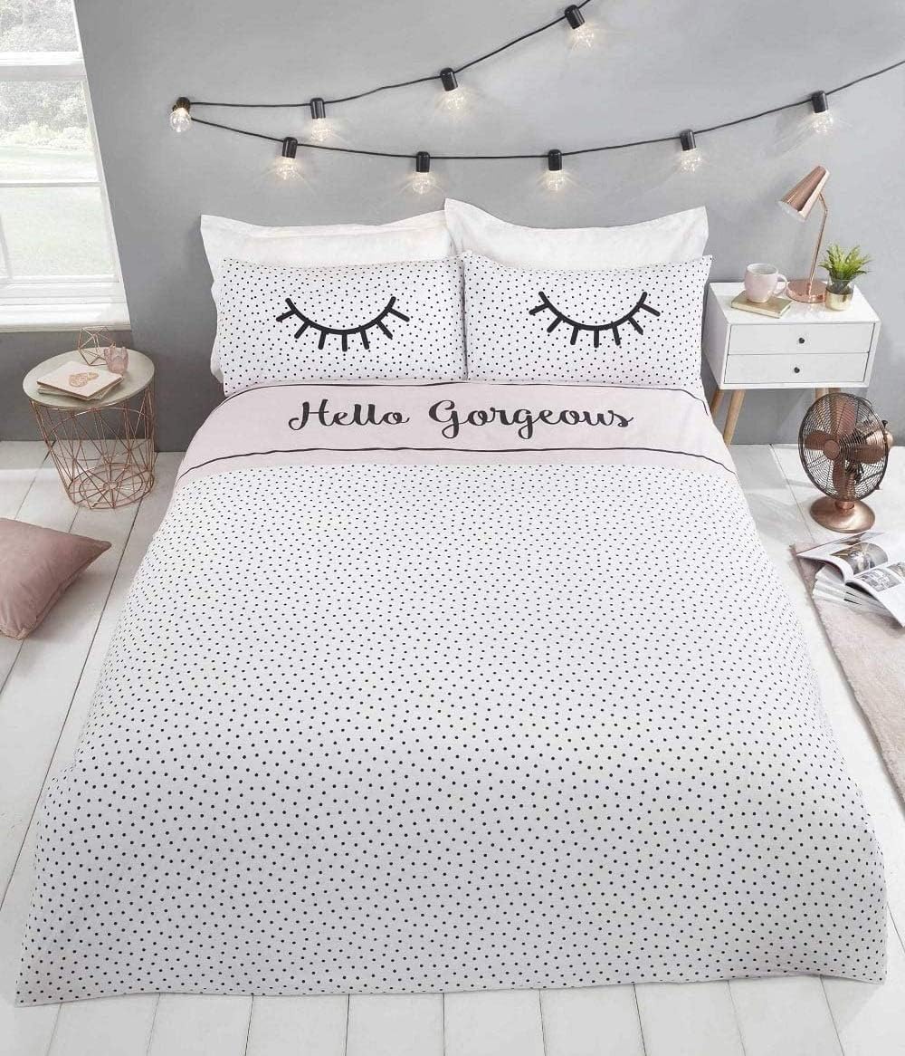 Rapport Home Hello Gorgeous Double Duvet Cover Set for Girls & Teens - Multicolour Polka Dot Eyelash Design Bedding with 2 Pillowcases - Soft Polycotton Easy Care Quilt Cover (200 x 200 cm)