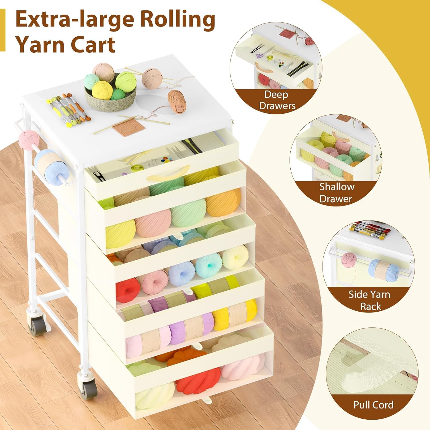 HIDODO Yarn Storage Organizer Cart with Drawers, Yarn Holder Mobile Knitting Crochet Organizer, Rolling Craft Cart with Lockable Wheels and Side Pockets for Crochet Knitting Supplies, White