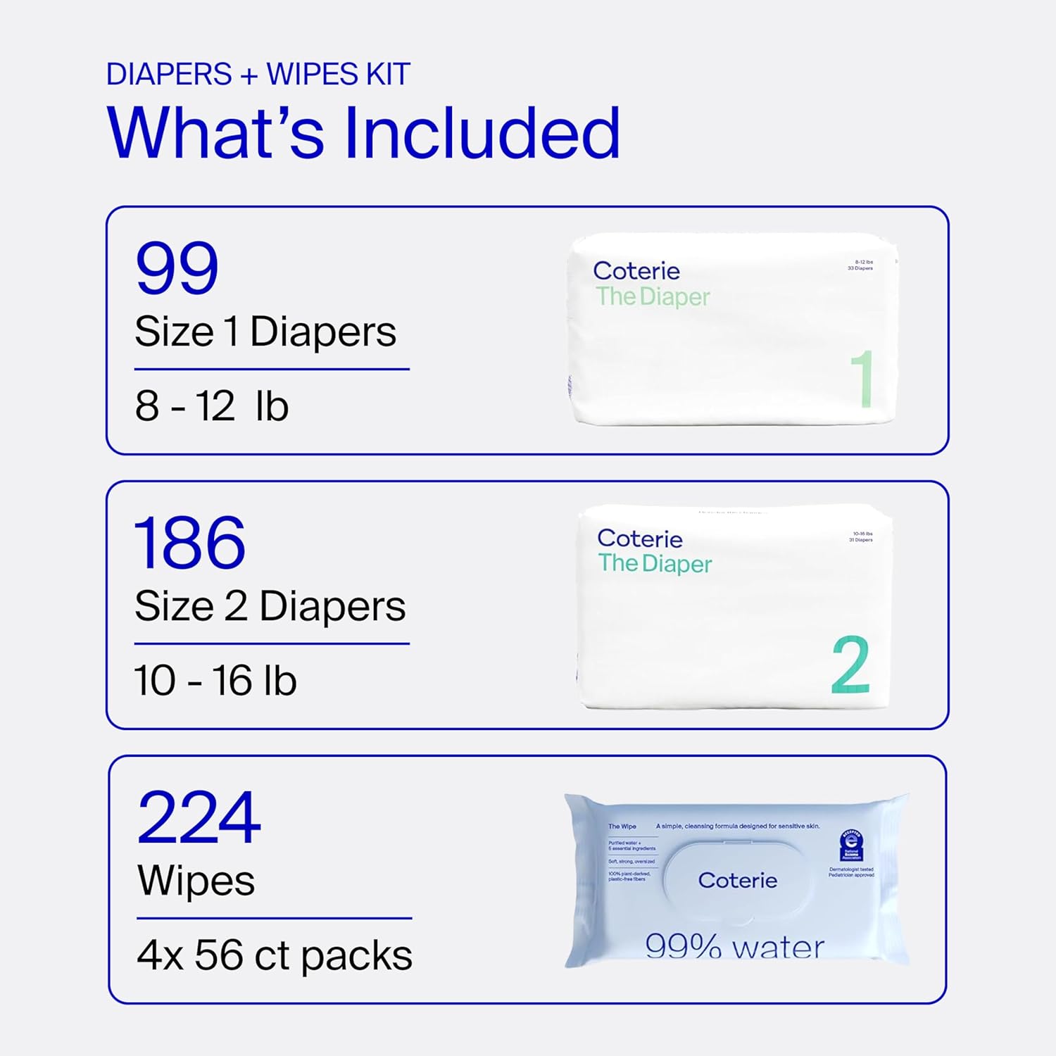 Coterie Baby Wipes + Diapers Kit, Size 1 (99 Count) & Size 2 Diapers (186 Count), 4 Pack (224) Baby Wipes with 99% Water, Plant Based Materials, Hypoallergenic for Sensitive Skin