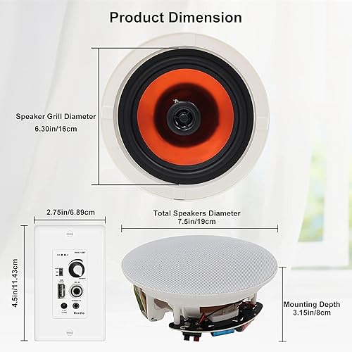 Miniatura 6 de Herdio 6.5'' Bluetooth in Wall in Ceiling Speakers 600W 2-Way Flush Mount Speakers System with Wall Amplifier Receiver for Home Theater Office