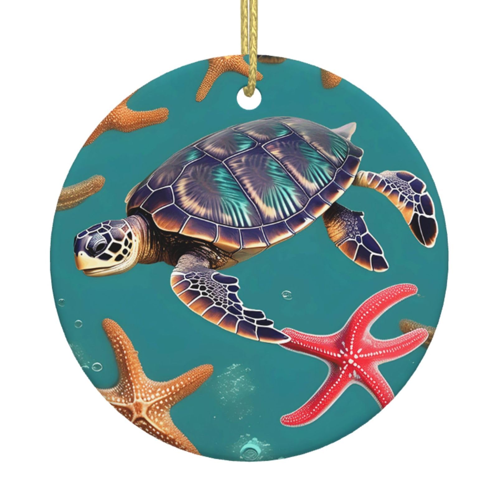 Sea Turtle Starfish Pattern Print Christmas Ornaments, Ceramic Hanging Ornament, Round Shape Decorations