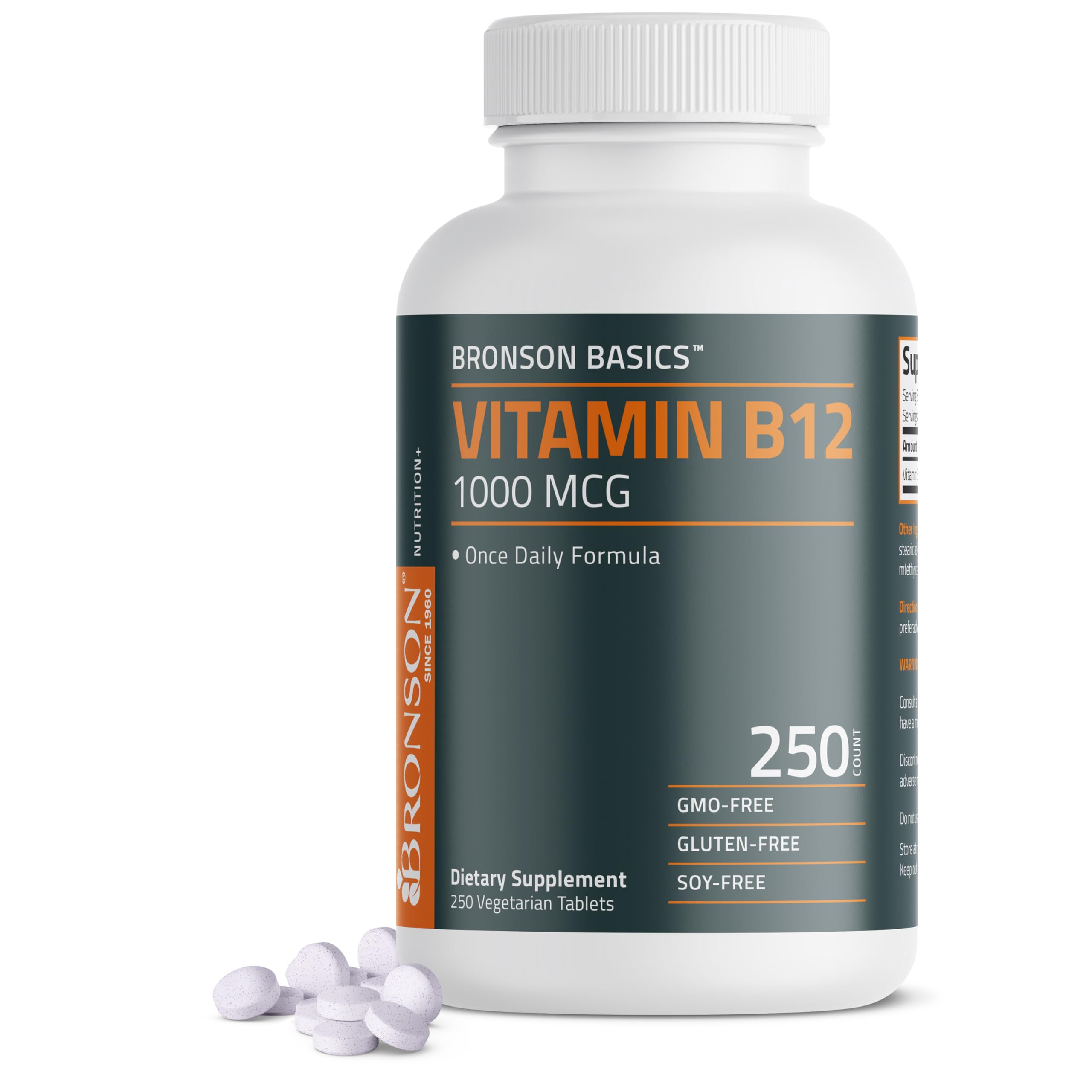 Amazon.com: Bronson Vitamin B12 1000mcg Once Daily Formula Non-GMO, 250  Vegetarian Tablets : Health & Household