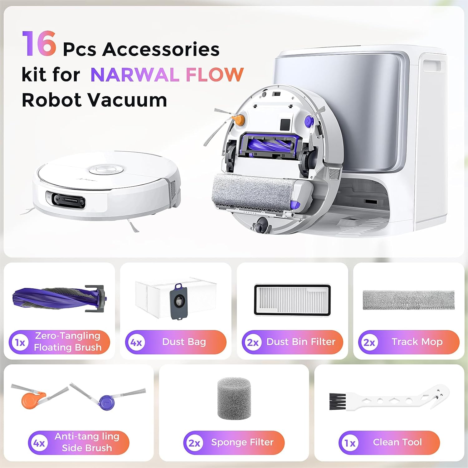 16 Pcs Accessories kit for NARWAL FLOW Robot Vacuum, 1 Zero-Tangling Floating Brush, 4 Dust Bag, 2 Dust Bin Filter, 2 Track Mop, 4 Anti-tang ling Side Brush, 2 Sponge Filter, 1 Clean Tool