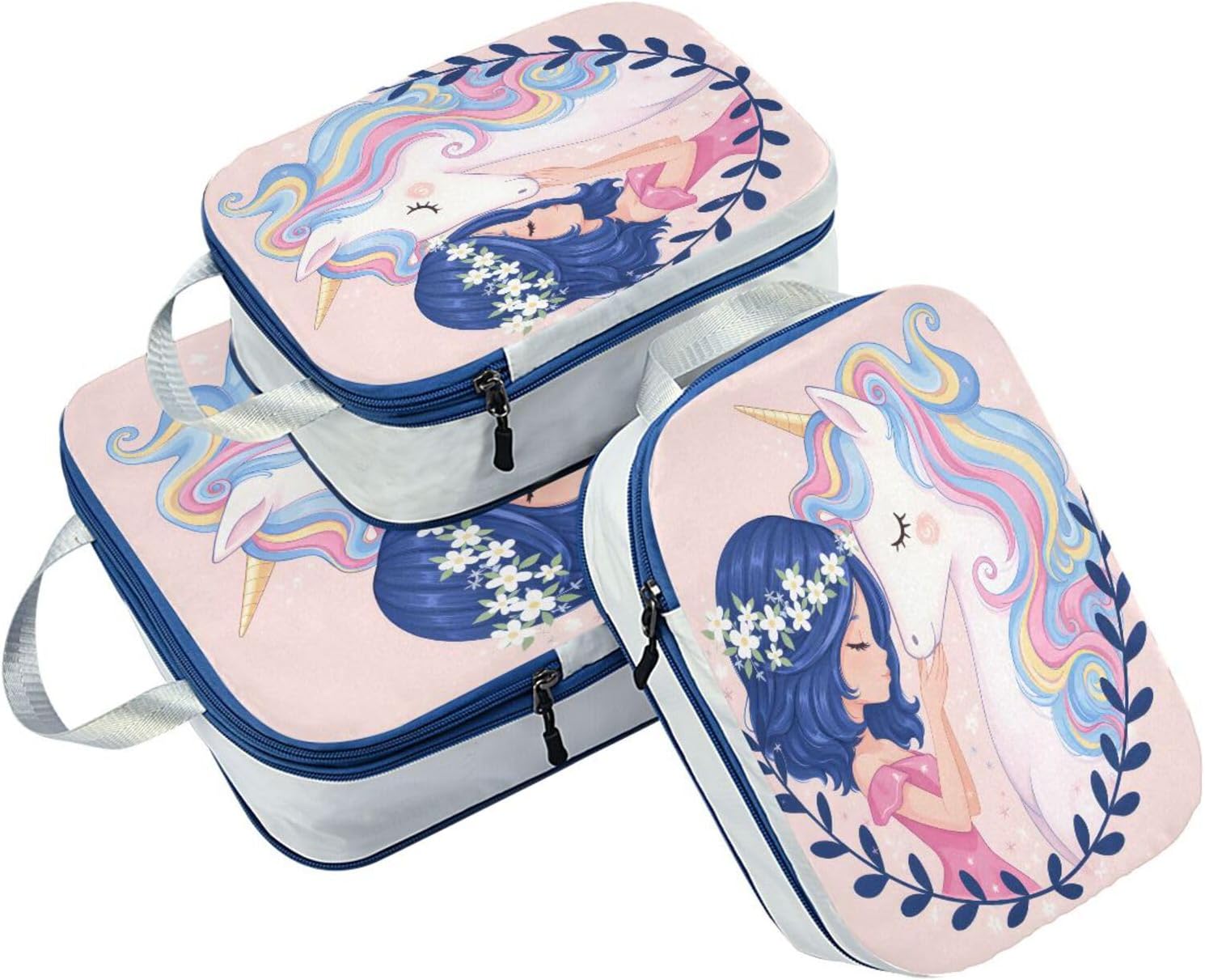MNSRUU Packing Cubes Cute Girl And Unicorn Compression Luggage Cubes Packing Bags Travel Organizer for Suitcases, 3 PCS