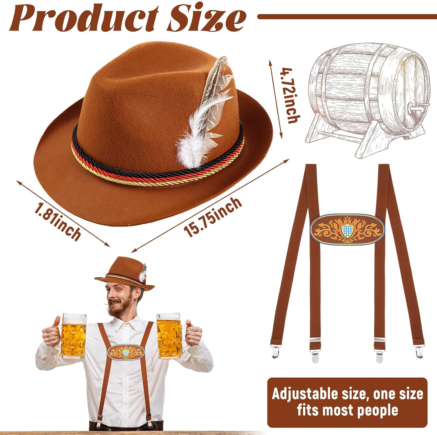 8 Pcs German Bavarian Oktoberfest Costume Set 4 Colors Oktoberfest Hat Bulk 4 Pcs Bavarian Lederhosen Suspenders