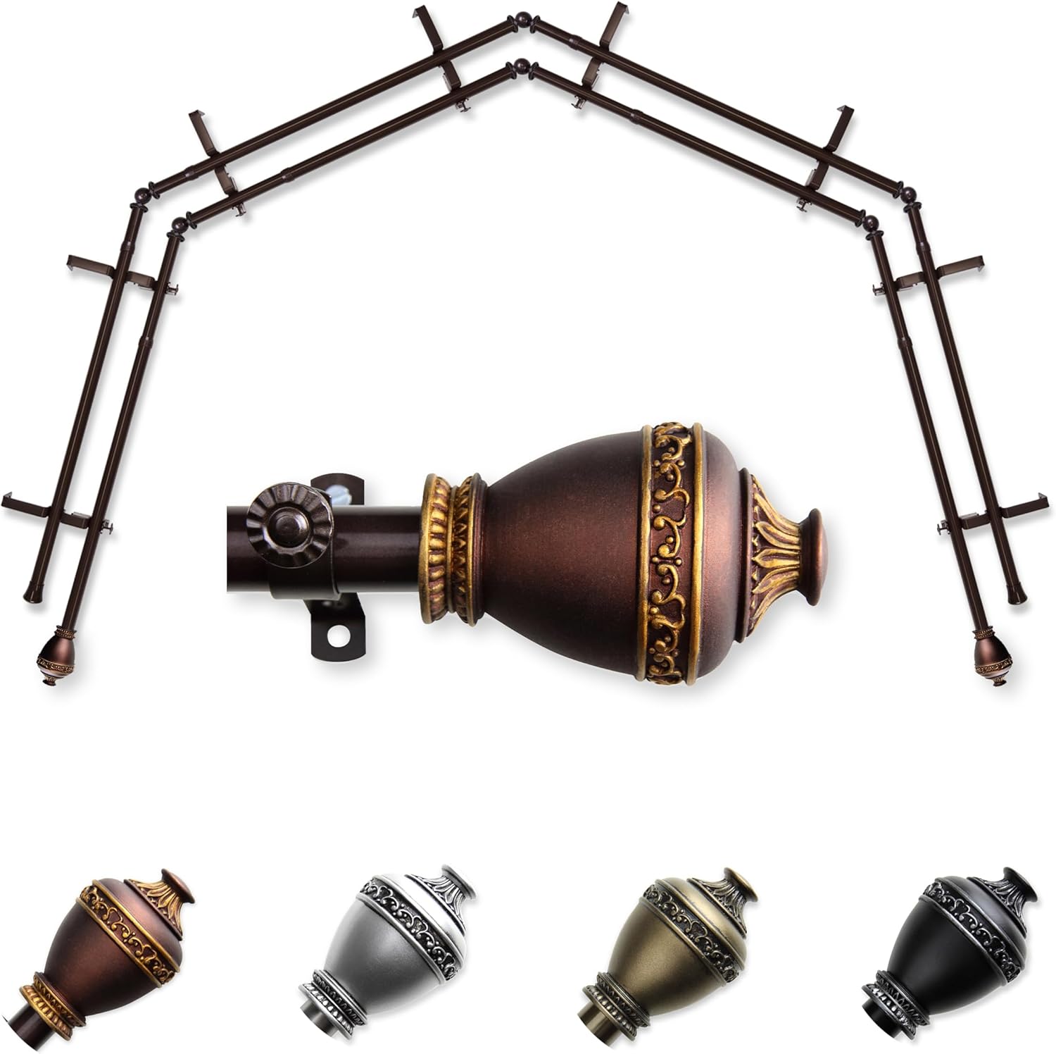 A&F Rod Décor - Eva 13/16" 4-Sided Double Bay Window Curtain Rod - Antique Brass