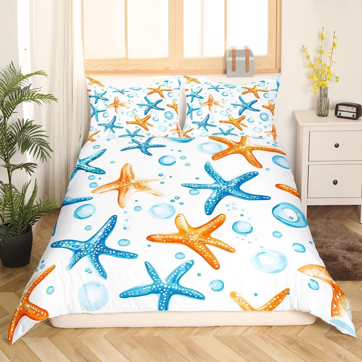 jejeloiu Cute Starfish Duvet Cover Kids Boys Girls Toddler Size Coastal Beach Ocean Bedding Set Soft Summer Holiday Comforter Cover Nautical Sea Creatures Bedspread Cover Ocean Marine,No Comforter