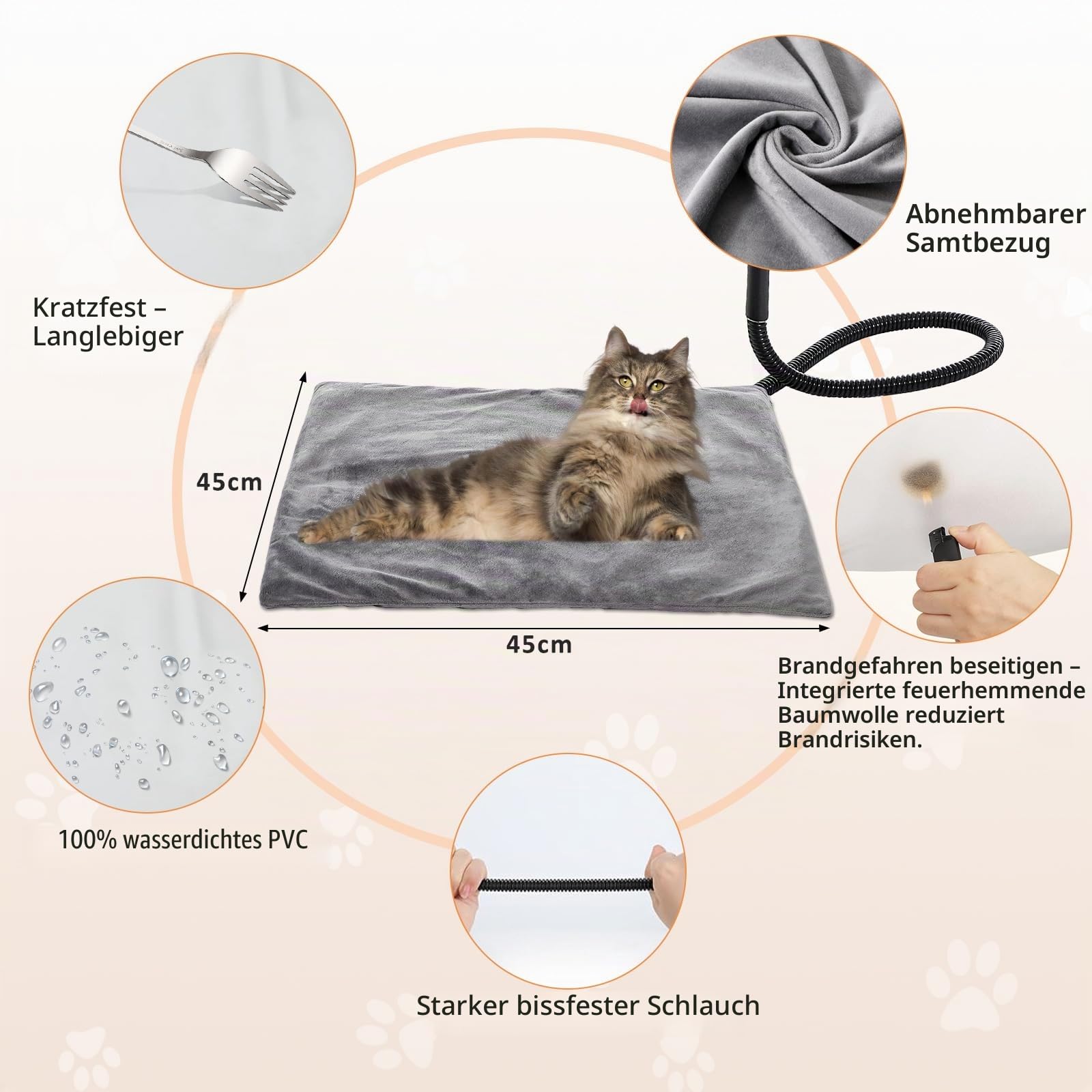 Haustier Heizkissen für Katzen Hunde, 45 * 45cm, 5 einstellbare Timer und 6 einstellbare Temperaturen, Haustier-Heizmatte, wasserdicht, ideal für Welpen/Hunde/Katzen/Kaninchen