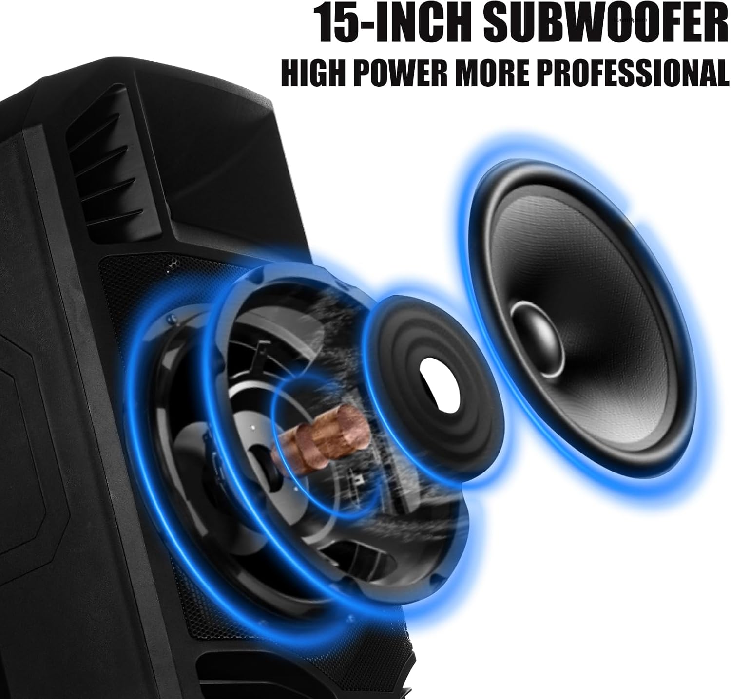 EXOTON S-1501 15 Inch Portable Rechargeable PA Speaker - 1600W, Bluetooth, TWS, USB/RCA, 2 UHF Mics, Remote, 7-Color Lights, DSP with 4 Scene Presets, 5-Band EQ - Image 3