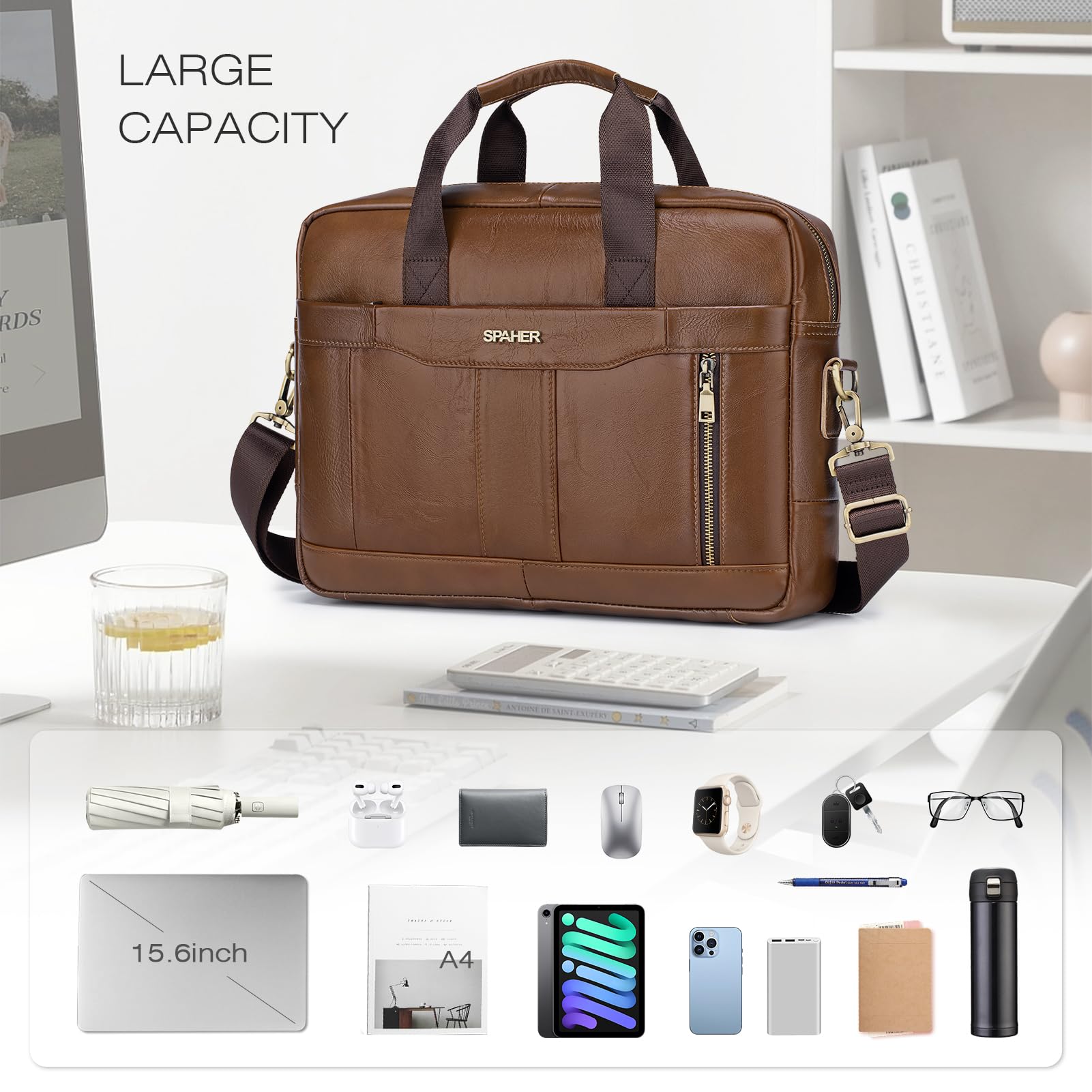 SPAHER Cartable Homme Cuir Malette Sacoche Ordinateur Homme 14/15,6 Pouces Sacoche Travail Business Besace Sac Porte Document Sacs à Main Bandoulière Messenger Bag pour Affaire Voyage